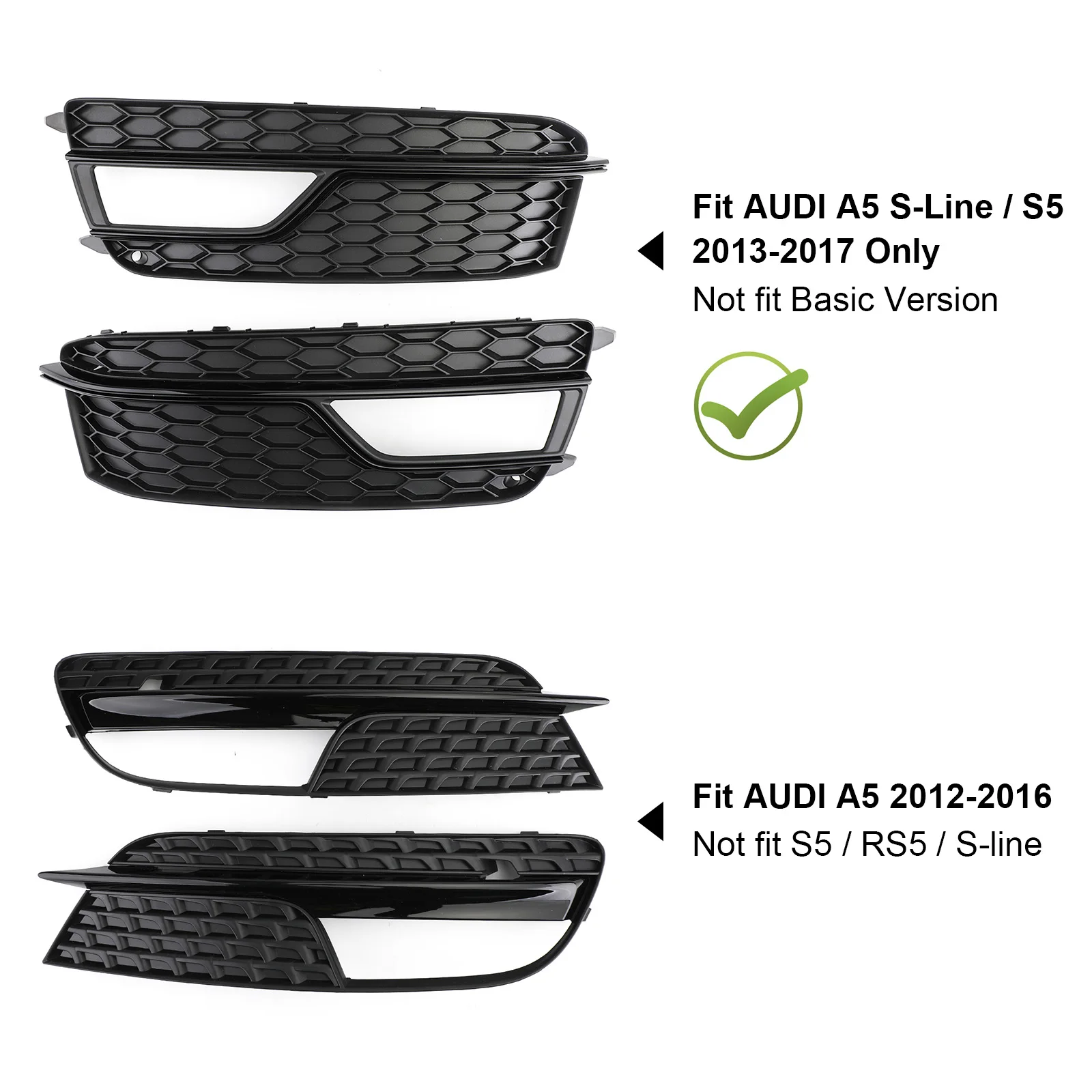 Artudatech Pair Front Fog Lamp Black Trim Grills Grill Fit AUDI A5 S-Line S5 2013-2016