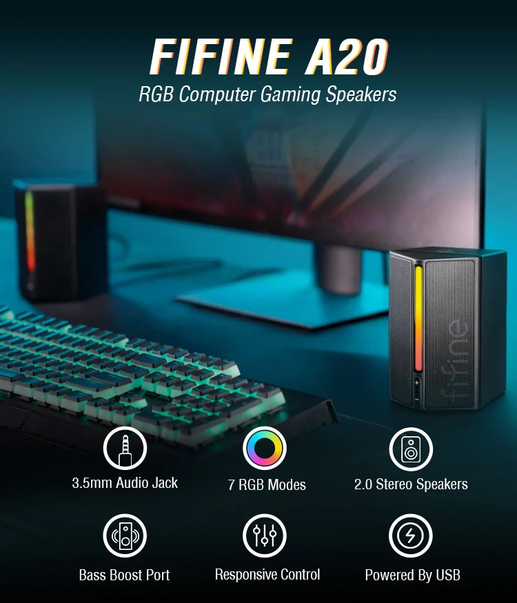 FIFINE Gaming Sound Box with Stereo Surround Sound, USB RGB Speaker with Vol Control for PC,Lattop,PS4/5,TV-Ampligame A20