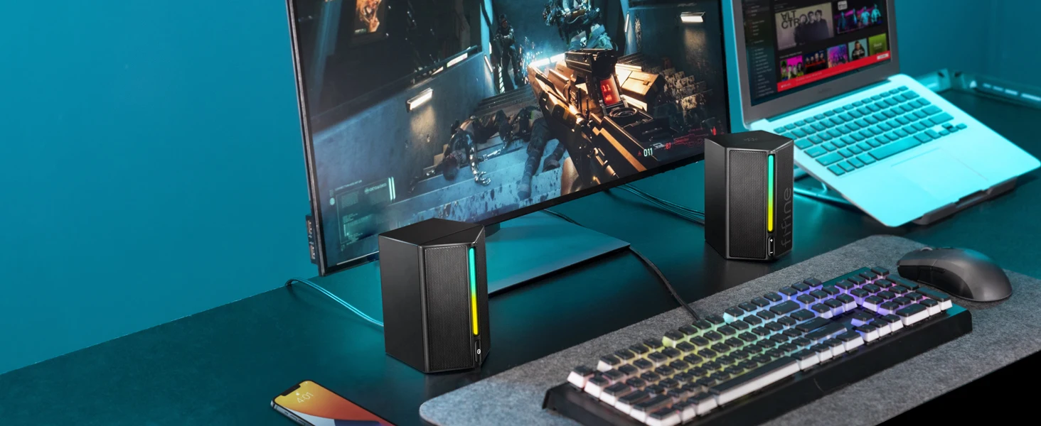 FIFINE Gaming Sound Box with Stereo Surround Sound, USB RGB Speaker with Vol Control for PC,Lattop,PS4/5,TV-Ampligame A20