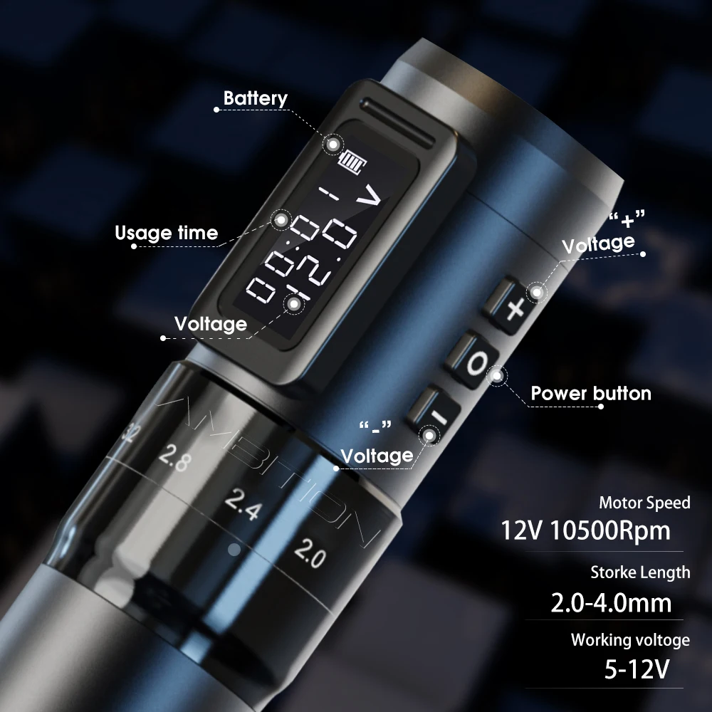 Ambition MARS-U Professional Wireless Tattoo Machine Pen Adjustable Stroke 2-4mm Cartridge 1800mAh Coreless Motor Tattoo Artists