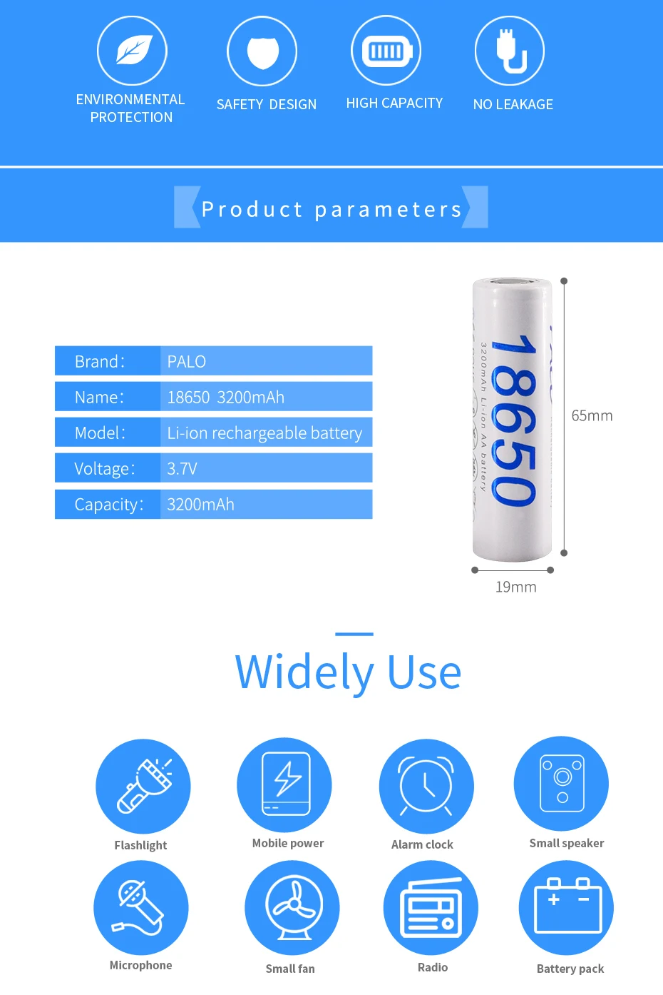 PALO 18650 Battery 3.7V 3200mAh 18650 Lithium Rechargeable Battery 32A High Current Li-ion Batteries for Flashlight
