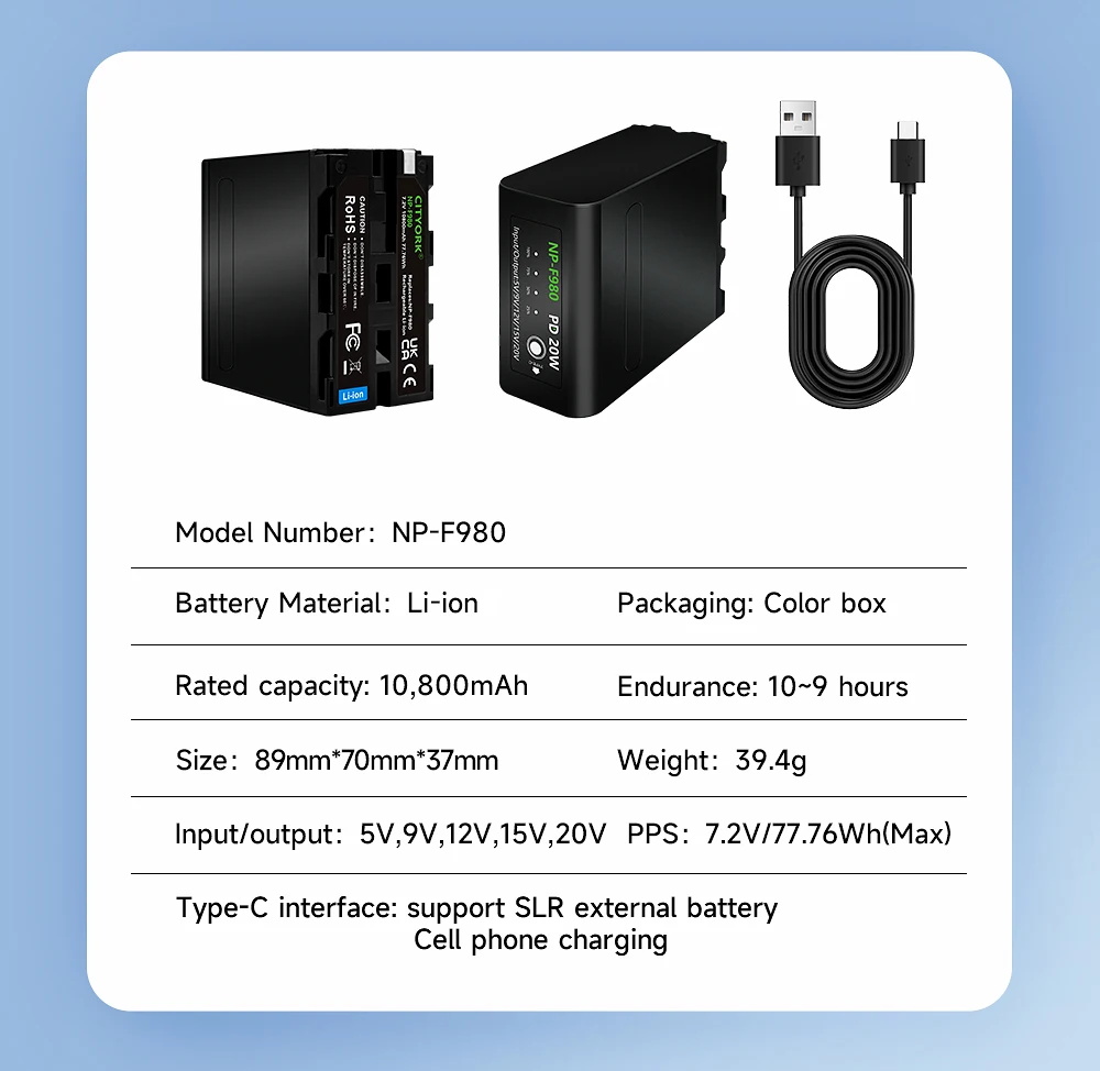 10800mAh NP-F980 NP-F990 F960 F970 Battery Power LED Power Bank Indicator Micro USB Charge for Sony PLM-100 CCD-TRV35 MVC-FD91