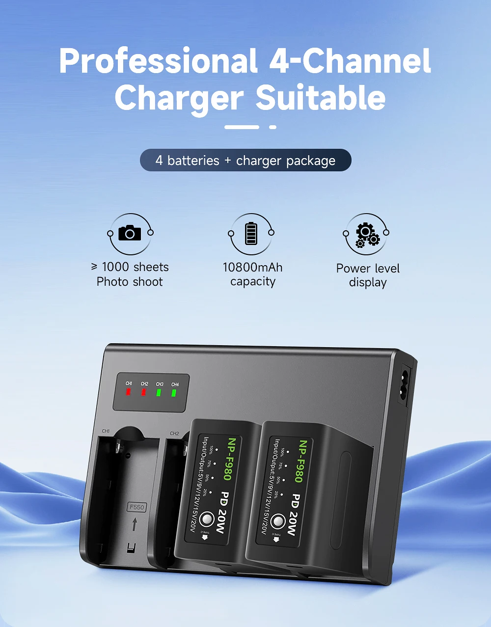 10800mAh NP-F980 NP-F990 F960 F970 Battery Power LED Power Bank Indicator Micro USB Charge for Sony PLM-100 CCD-TRV35 MVC-FD91