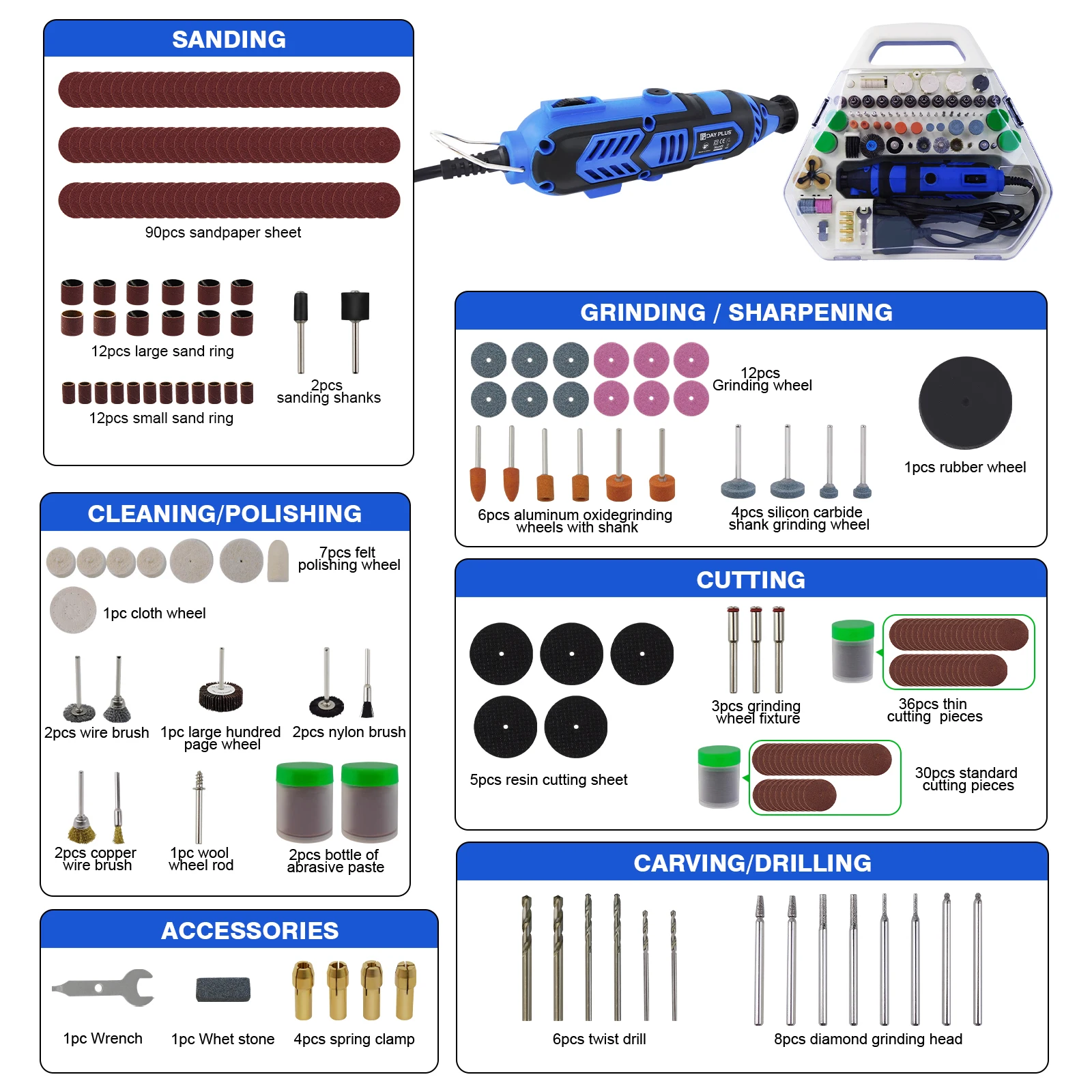 DayPlus 135W Rotary Tool Multitool Combi Multi Tool Various Speed with Case 252pcs Accessoies for Sanding Grinding Polishing