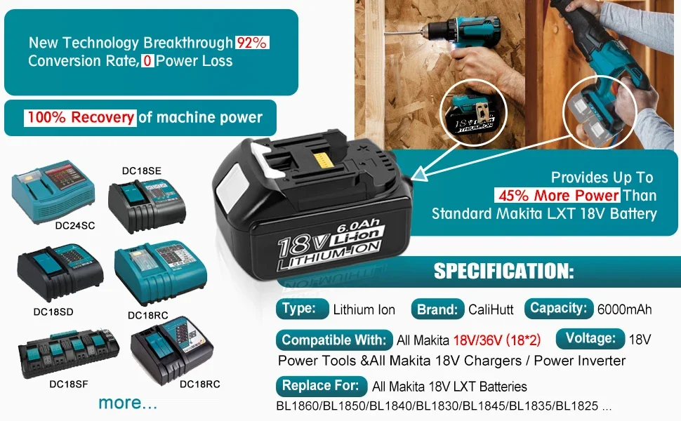 6000mAh for Makita 18V Battery Rechargeable Power Tools Battery 18V makita with LED Li-ion Replacement LXT BL1830 BL1860 BL1850