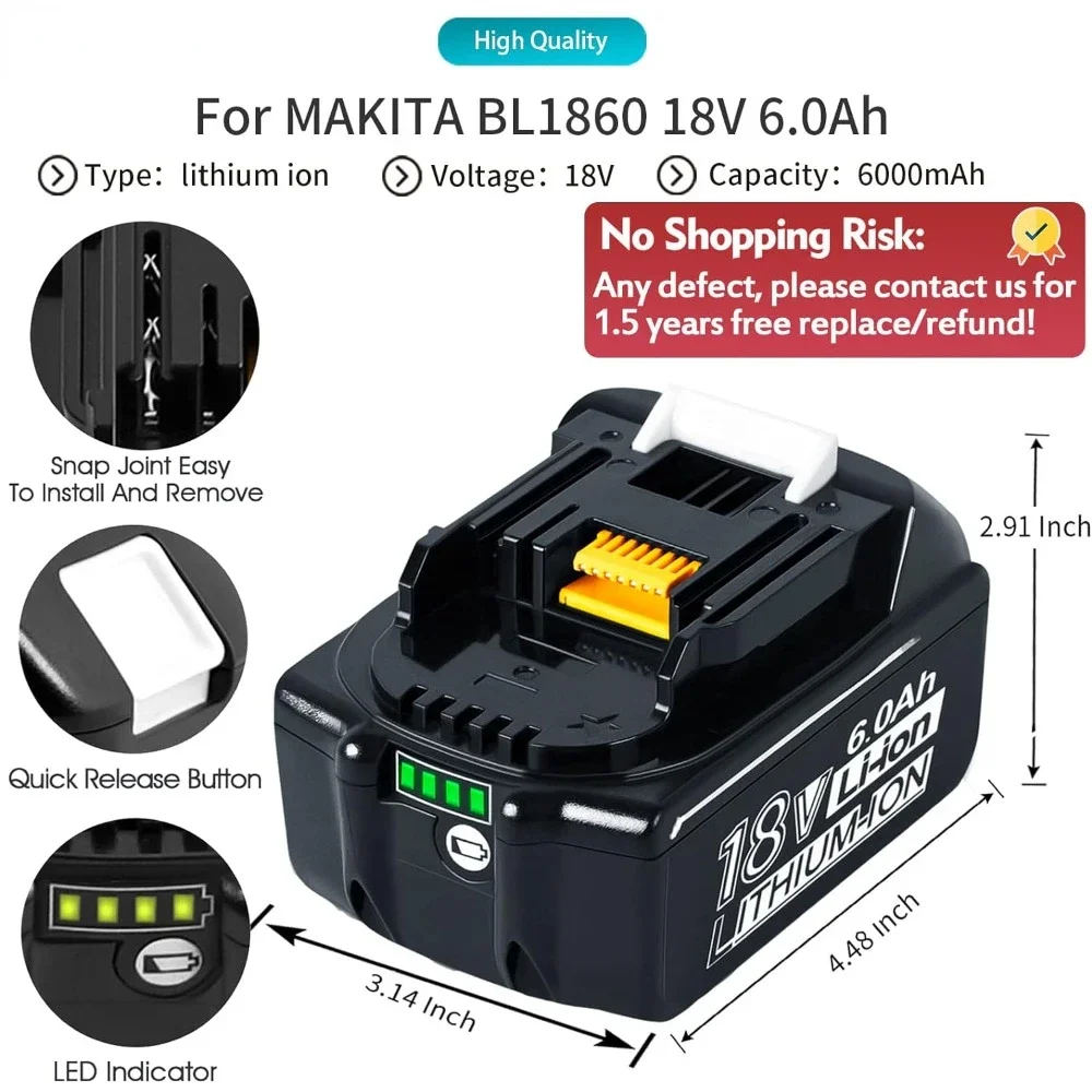 6000mAh for Makita 18V Battery Rechargeable Power Tools Battery 18V makita with LED Li-ion Replacement LXT BL1830 BL1860 BL1850