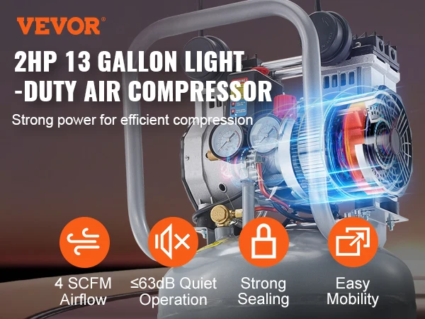 SucceBuy 13 Gallon Air Compressor Portable 2HP Oil Free Air Compressor for Auto Repair Tire Inflation Spray Painting Woodwork