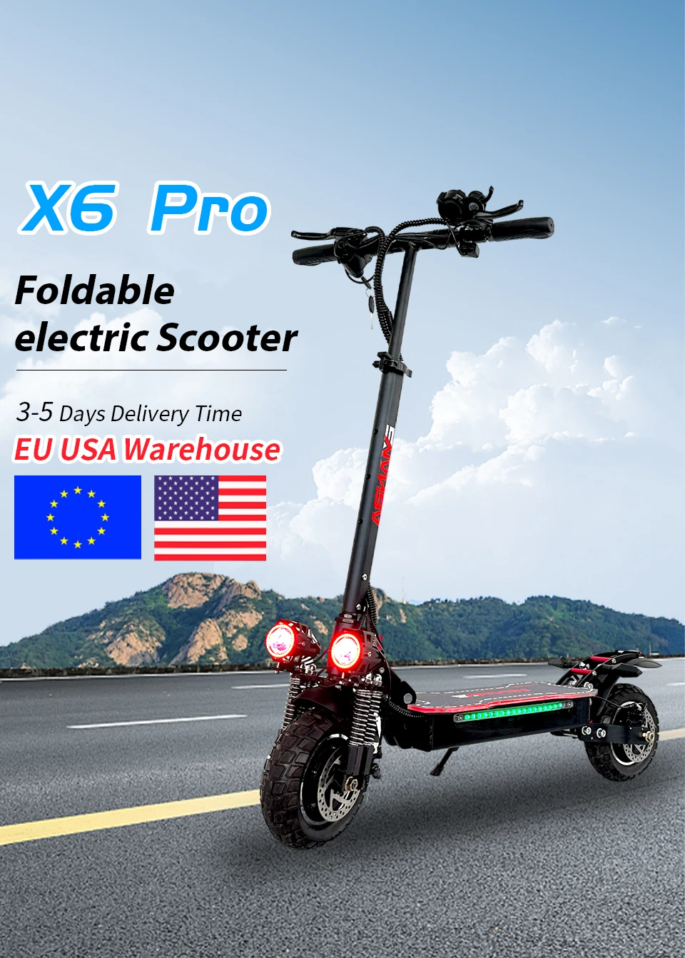 USA EU Dual Motor Electric Scooter, Foldable Scooter, Max Speed 55km, 10Inch Max Mileage, 70km, H, 2400W