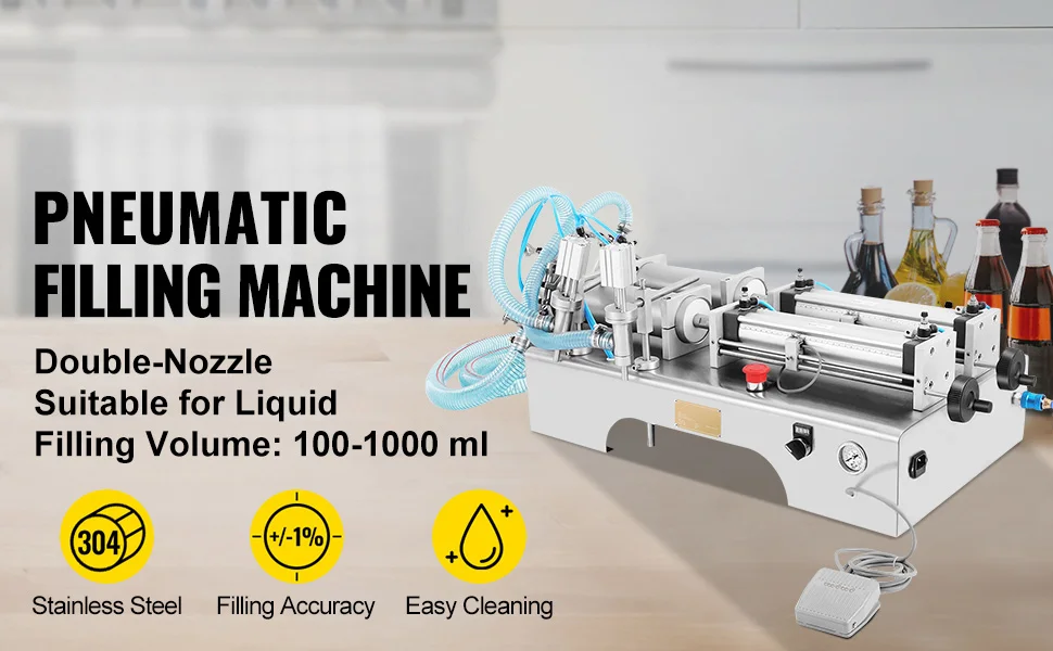 SucceBuy 100-1000ML Pneumatic Liquid Filling Machine with Double Nozzles Commercial Automatic Bottle Filler for Cosmetic Drinks