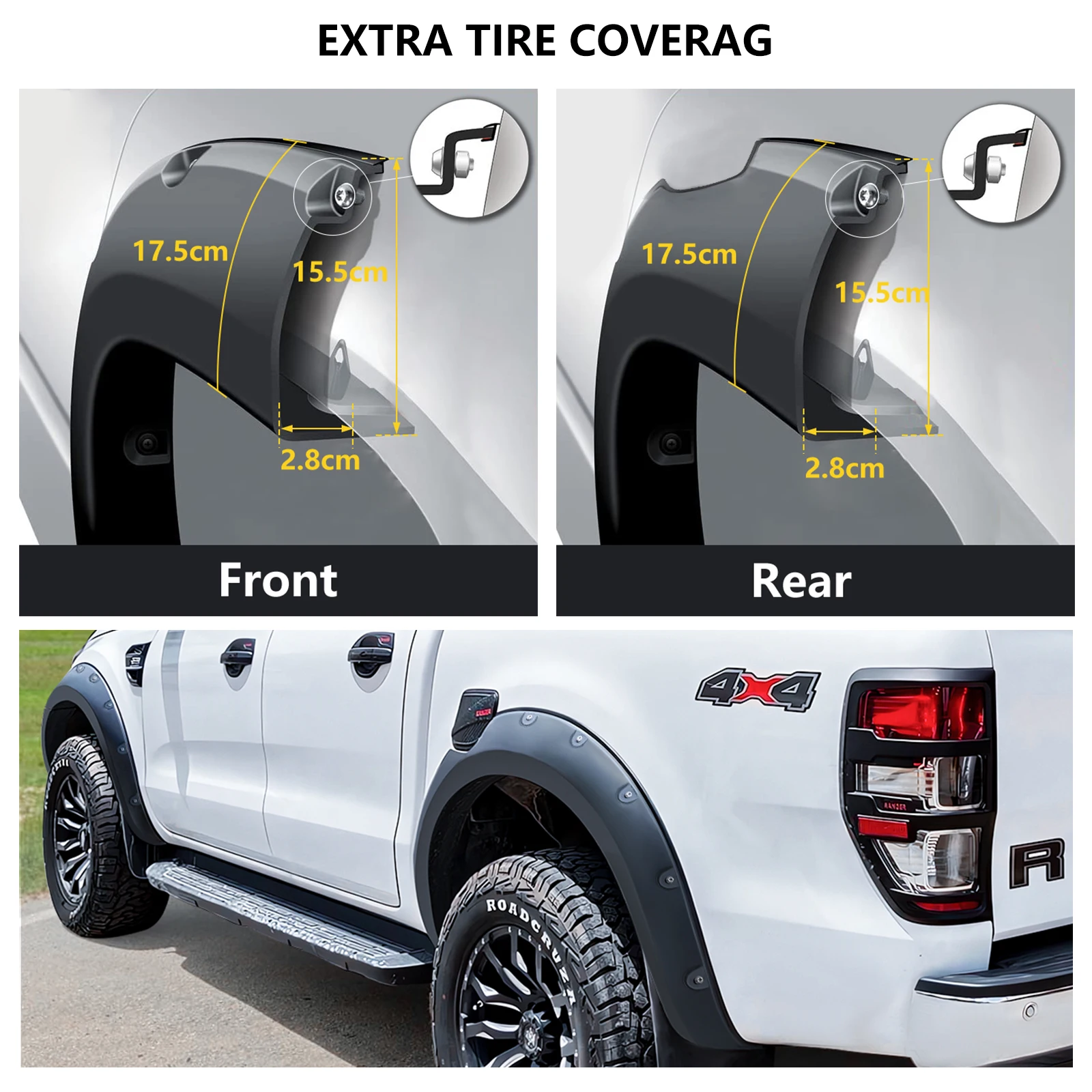 6'' Wheel Arch Extension Fender Flares for Ford Ranger Wildtrak Limited XLT XL 2015-2022 T7 T8 Models Dual Cab Mudguards