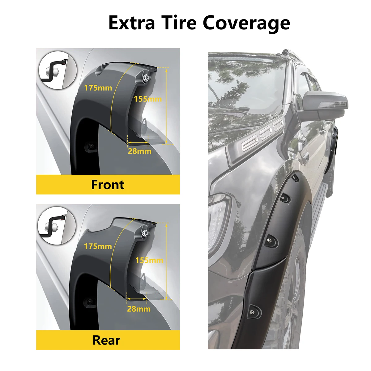 6'' Wheel Arch Extension Fender Flares for Ford Ranger Wildtrak Limited XLT XL 2015-2022 T7 T8 Models Dual Cab Mudguards