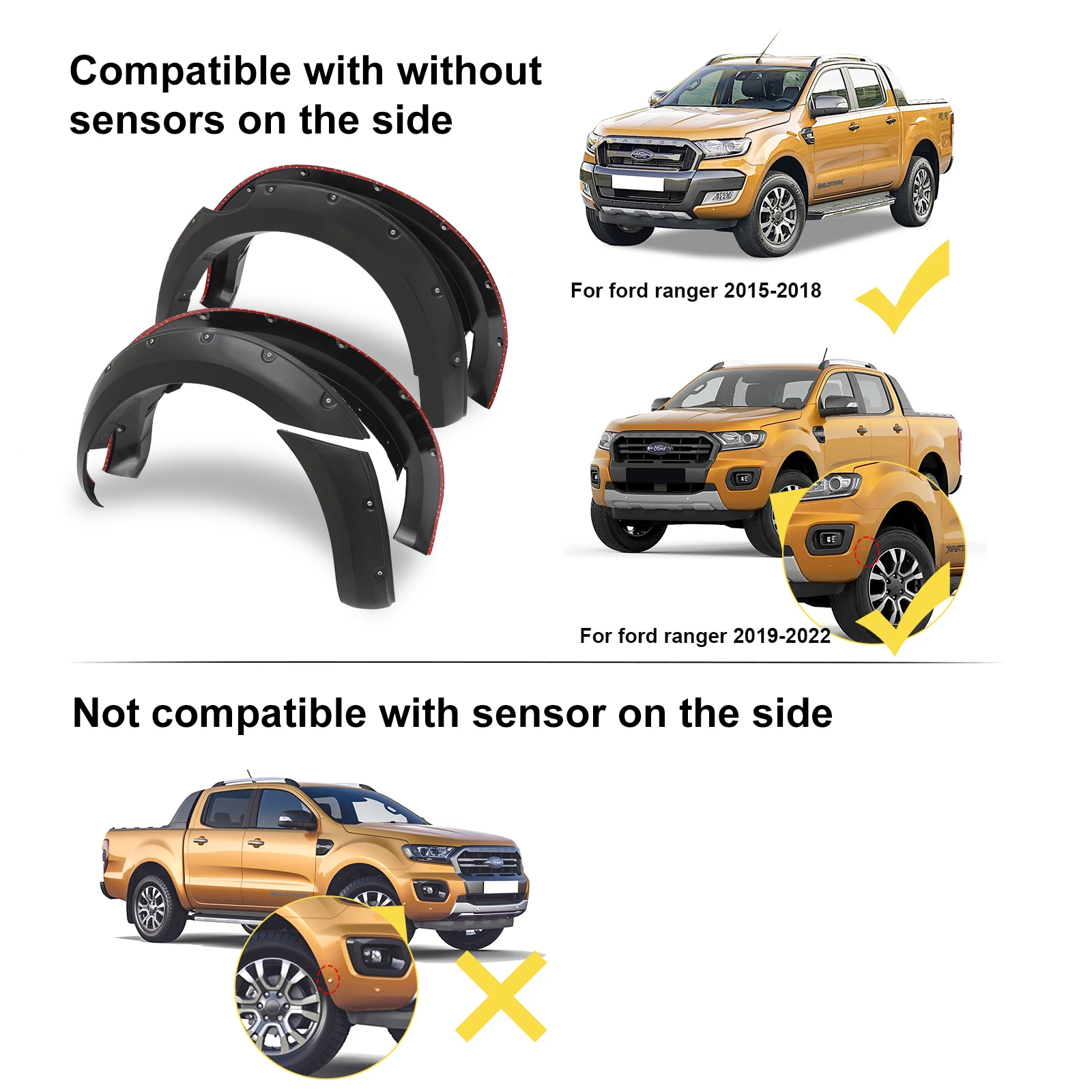 6'' Wheel Arch Extension Fender Flares for Ford Ranger Wildtrak Limited XLT XL 2015-2022 T7 T8 Models Dual Cab Mudguards