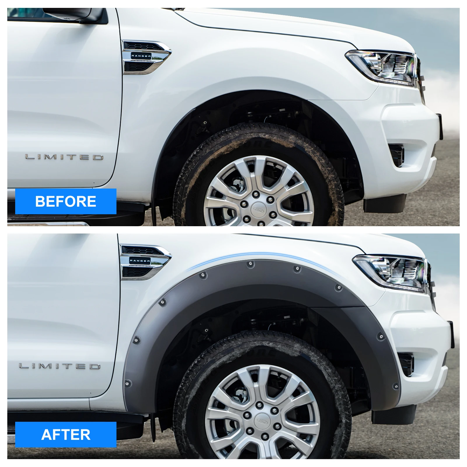 6'' Wheel Arch Extension Fender Flares for Ford Ranger Wildtrak Limited XLT XL 2015-2022 T7 T8 Models Dual Cab Mudguards