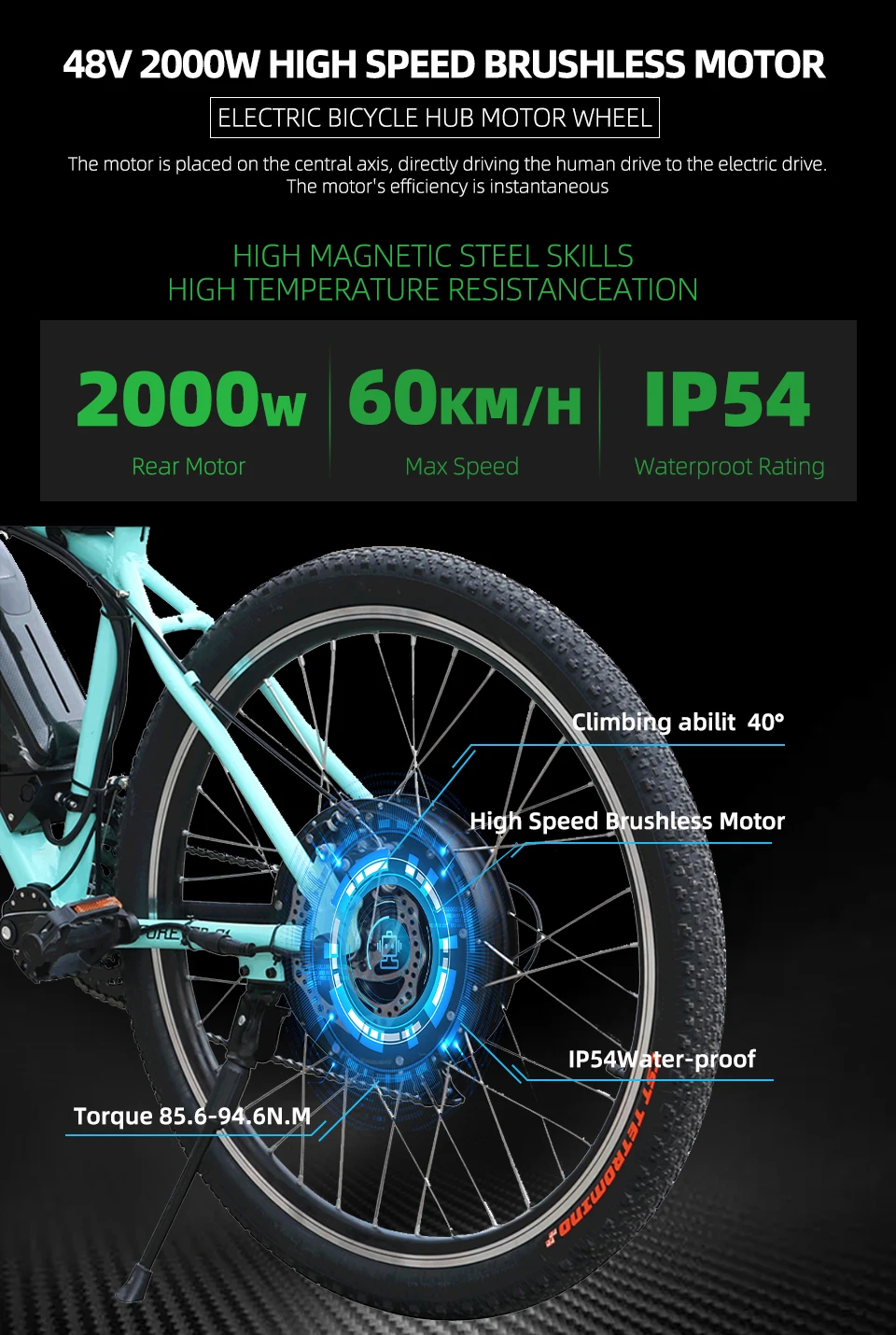 2000W 48V Electric Bike Coversion Kit 26''27.5''700C29'' Brusheless Gearless Hub Motor Wheel 20Ah Hailong Lithium Battery