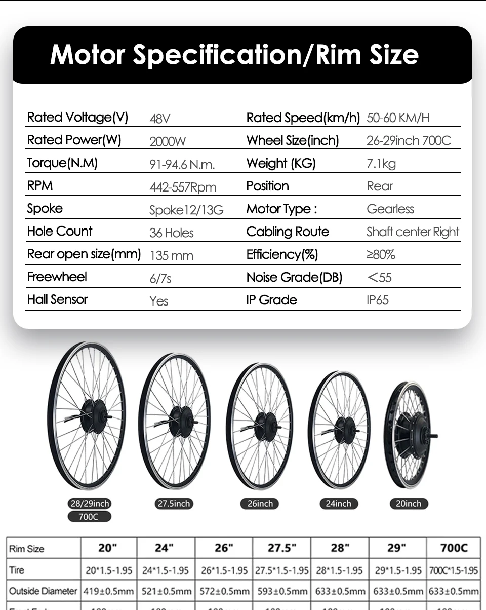 2000W 48V Electric Bike Coversion Kit 26''27.5''700C29'' Brusheless Gearless Hub Motor Wheel 20Ah Hailong Lithium Battery