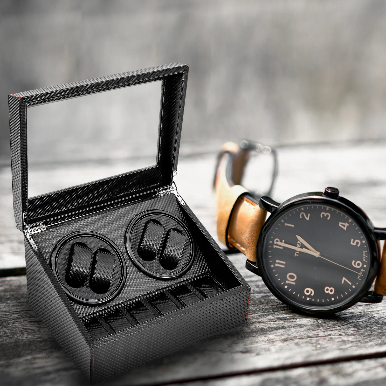 Carbon Fiber PU Leather Watch Winder Automatic Rotation Watches Storage Box Display Case Electric Turntables