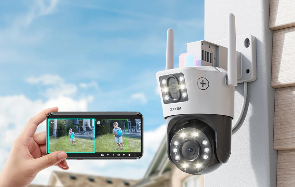ZOSI C298 4K 8MP Dual-Lens(2x4MP) Wired WiFi PTZ Security Camera Outdoor with Wide Angle 8X Hybrid Zoom 360 Surveillane Cam
