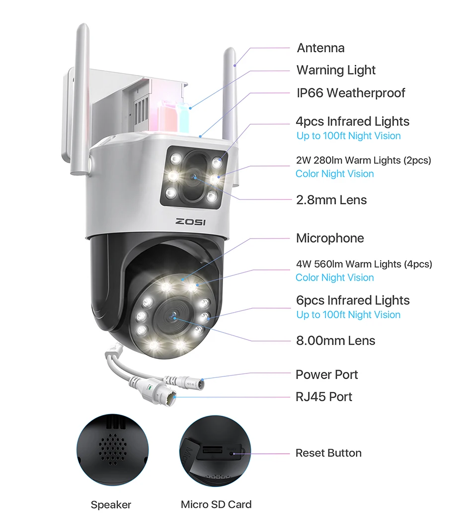 ZOSI C298 4K 8MP Dual-Lens(2x4MP) Wired WiFi PTZ Security Camera Outdoor with Wide Angle 8X Hybrid Zoom 360 Surveillane Cam