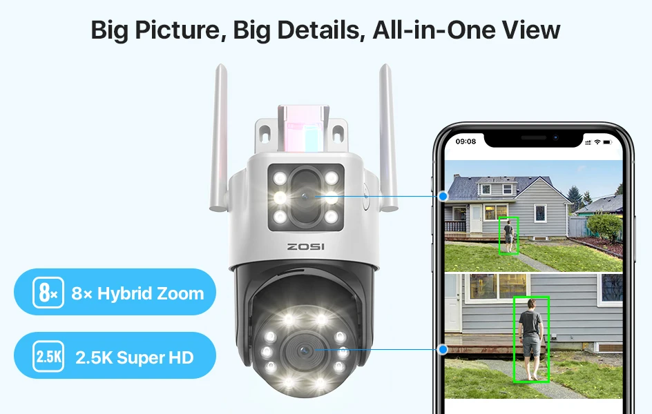 ZOSI C298 4K 8MP Dual-Lens(2x4MP) Wired WiFi PTZ Security Camera Outdoor with Wide Angle 8X Hybrid Zoom 360 Surveillane Cam