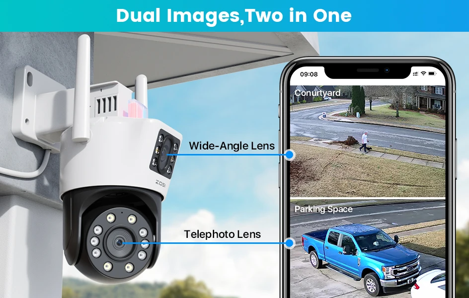 ZOSI C298 4K 8MP Dual-Lens(2x4MP) Wired WiFi PTZ Security Camera Outdoor with Wide Angle 8X Hybrid Zoom 360 Surveillane Cam