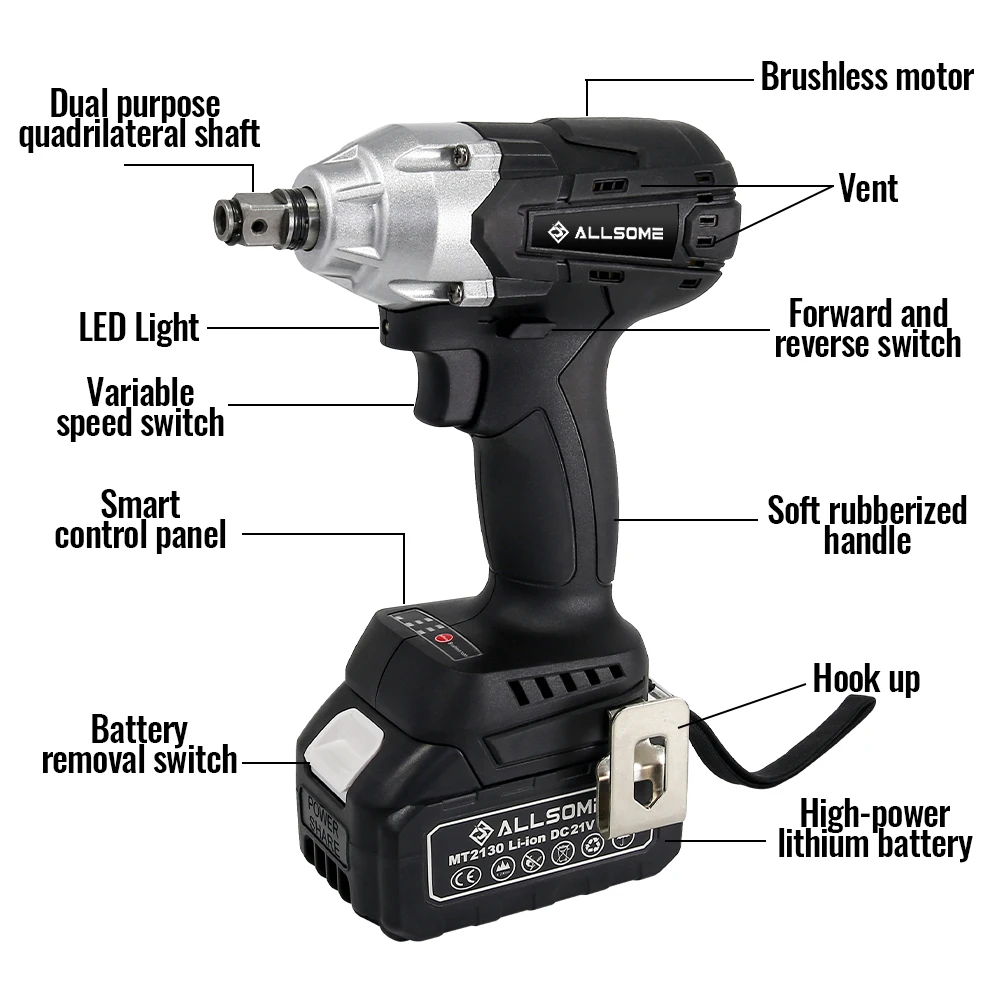 ALLSOME 1/2 in. Brushless Cordless 3-Speed Impact Wrench with 22mm Sleeve for 18V Makita Lithium Battery