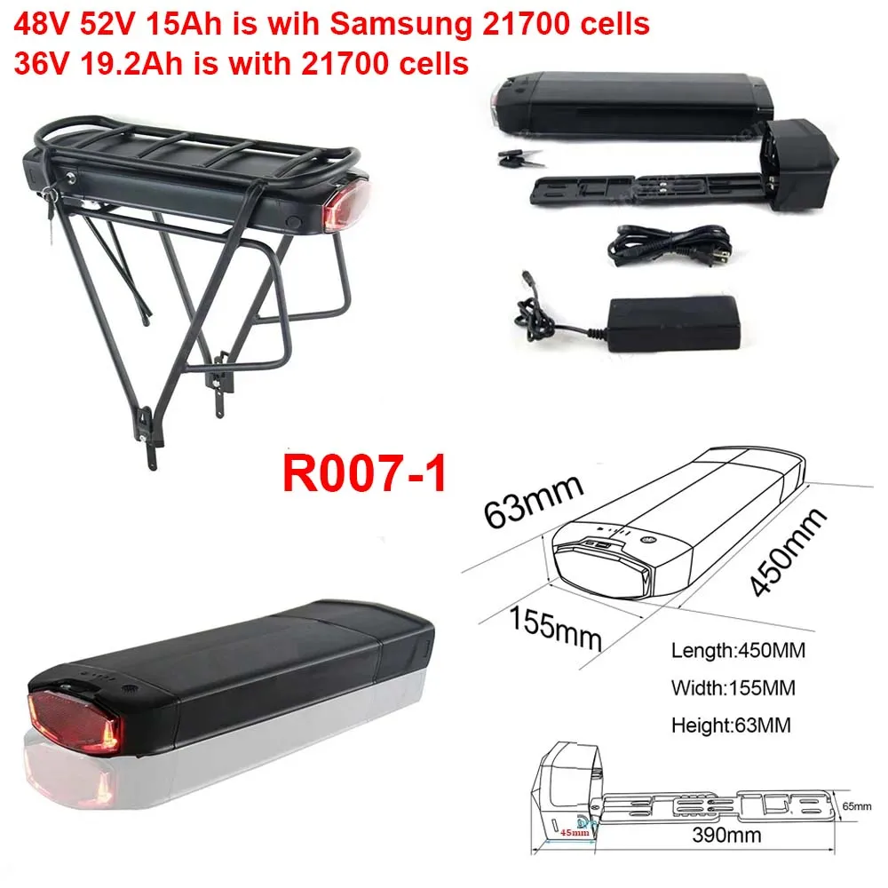 Ebike Battery 36V 18Ah 17.5Ah 13AH 15H Rear Rack Electric Bicycle Battery 18650 27100 Pack for 36V 250W 350W 500W Motor Kit