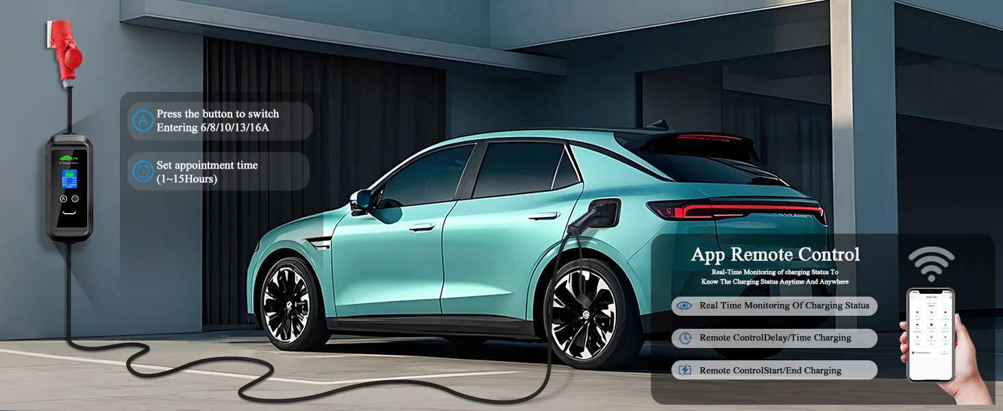 Kolanky 6/8/10/13/16A 11KW Eletric Vehicle Charger Timer Type 2 Smart TuyaAPP Wifi Control Set Charging Time PHEV Hybrid Car 10M