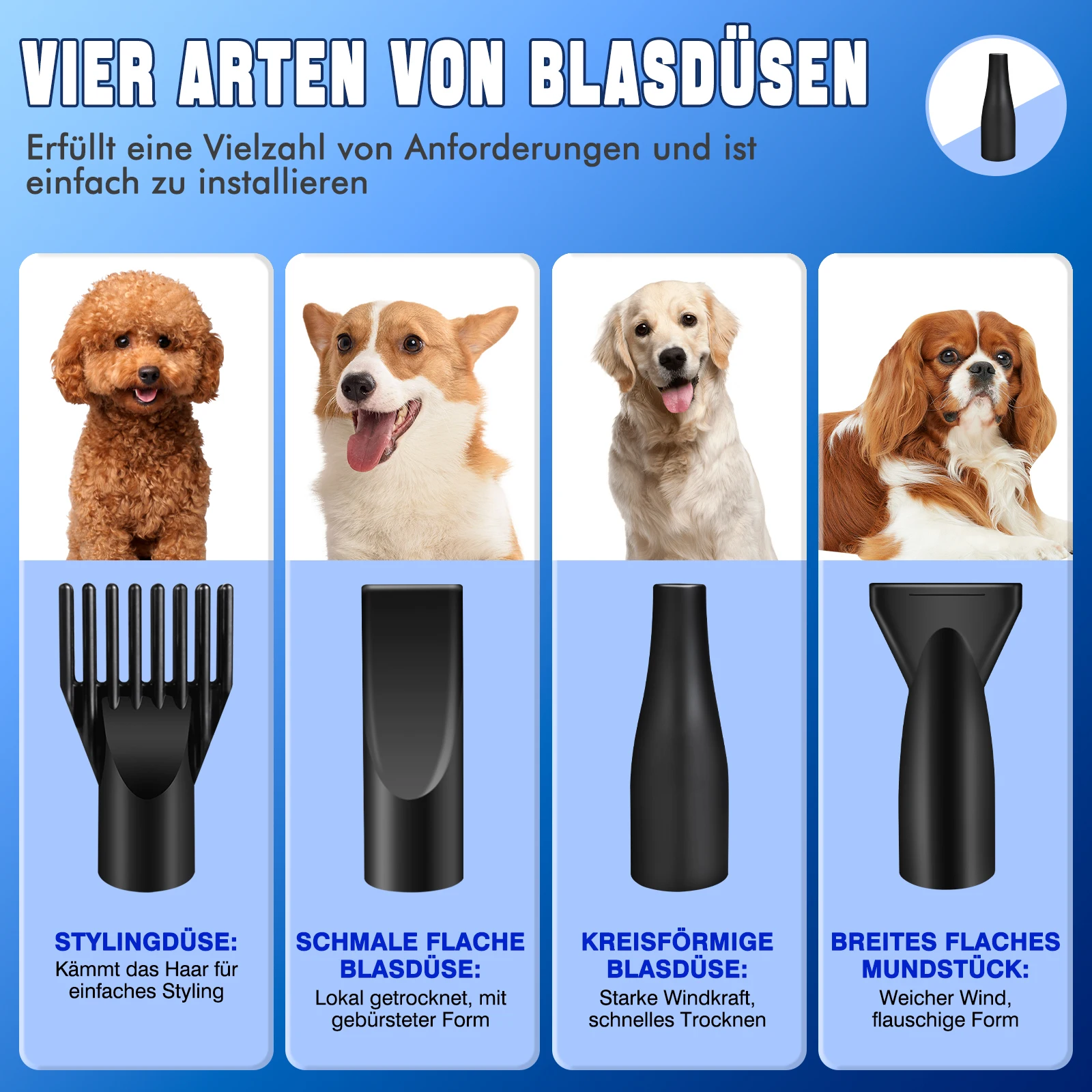 2800W Pet Hair Dryer, 2 Temperature 35°C and 65 °C, 50m/s-100m/s Stepless Speed, 2.3m Telescopic Hose, 4 Nozzles