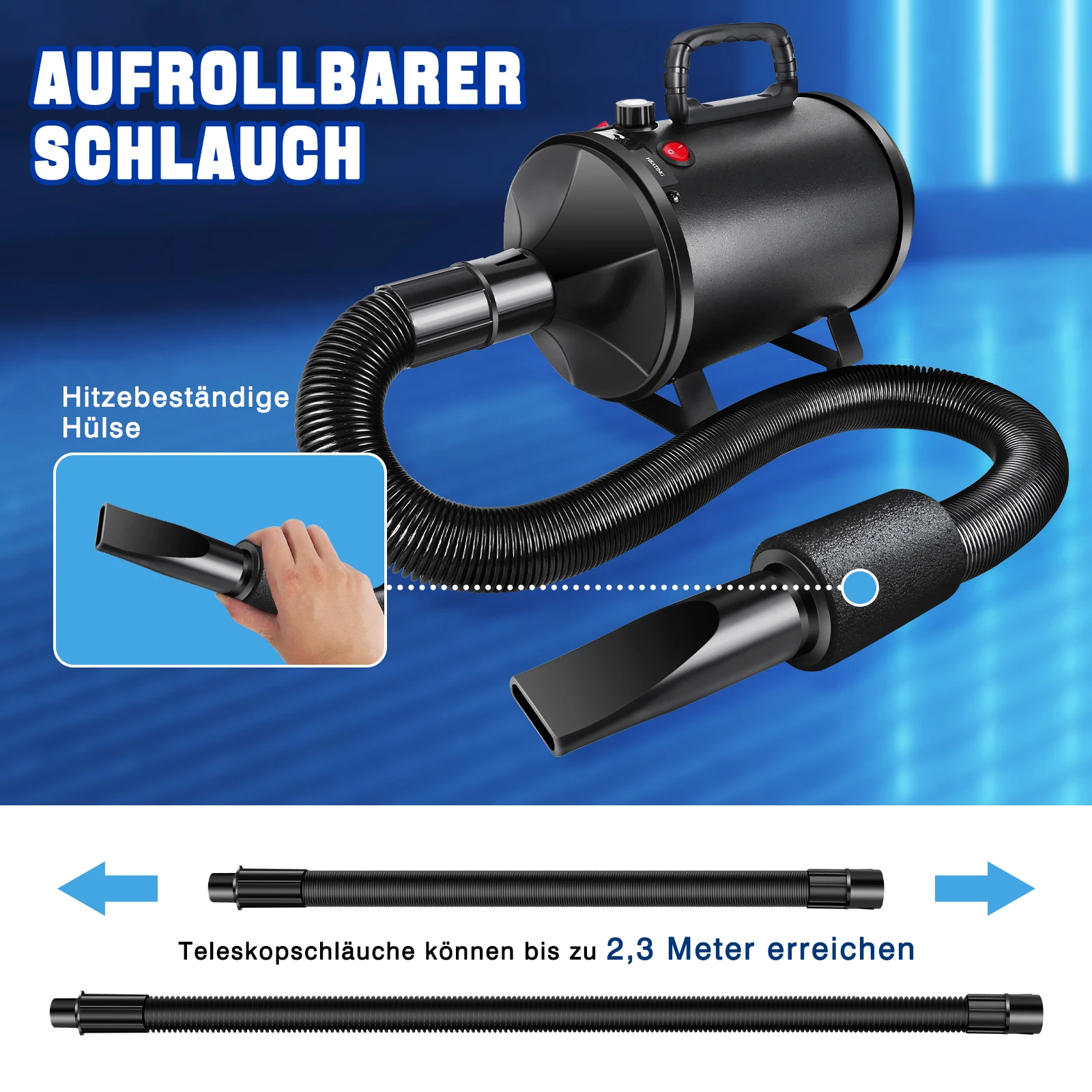 2800W Pet Hair Dryer, 2 Temperature 35°C and 65 °C, 50m/s-100m/s Stepless Speed, 2.3m Telescopic Hose, 4 Nozzles