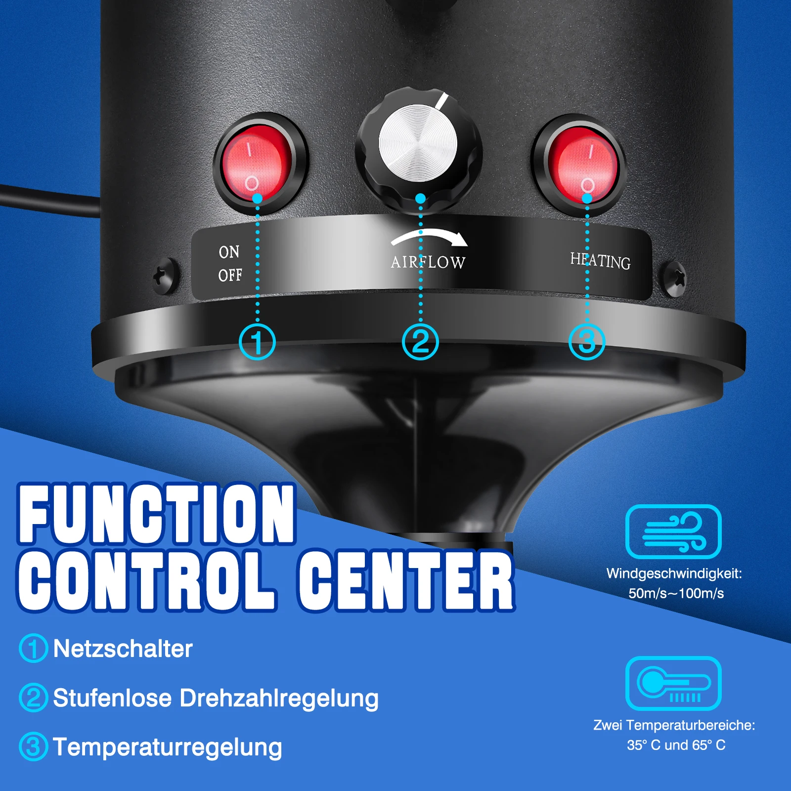 2800W Pet Hair Dryer, 2 Temperature 35°C and 65 °C, 50m/s-100m/s Stepless Speed, 2.3m Telescopic Hose, 4 Nozzles