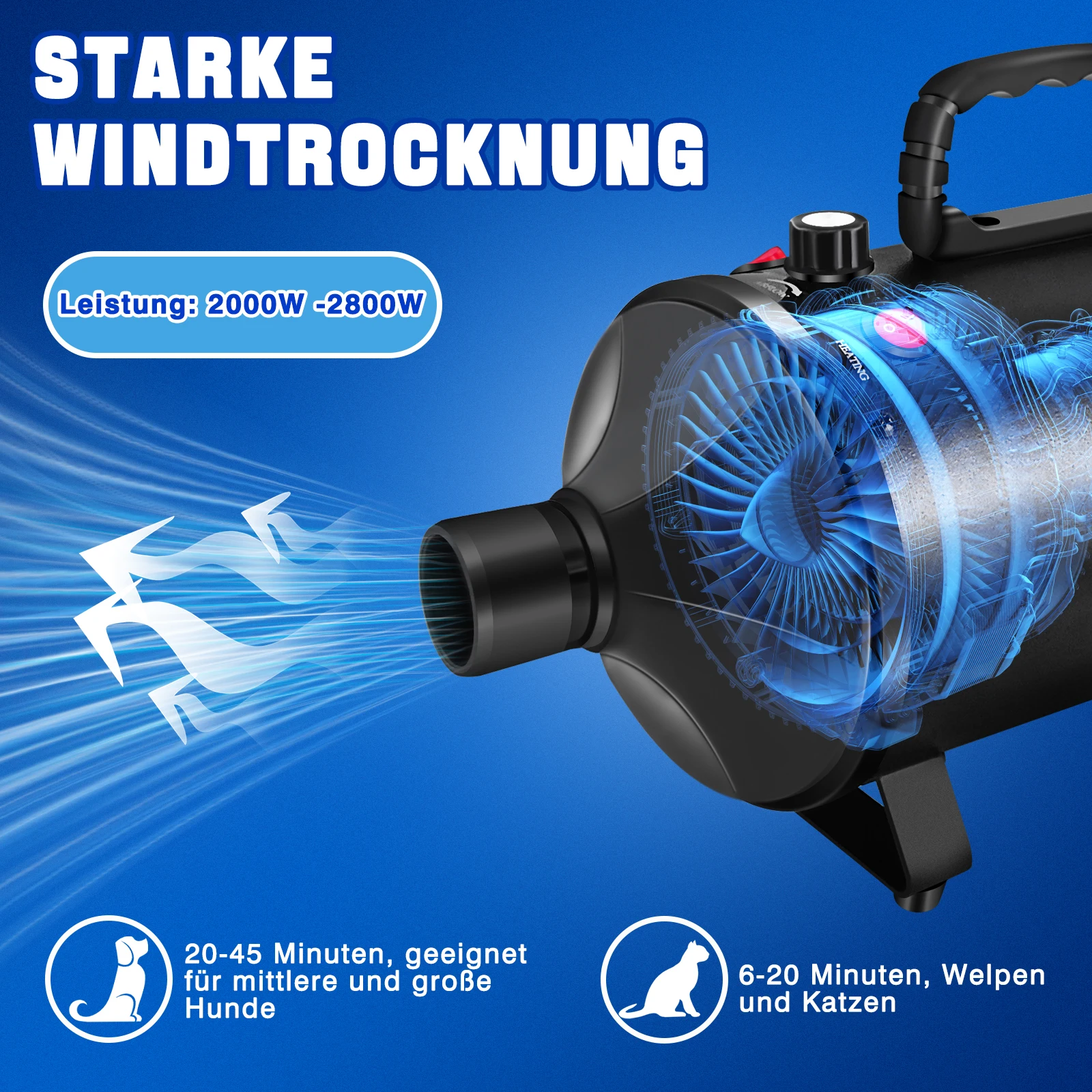 2800W Pet Hair Dryer, 2 Temperature 35°C and 65 °C, 50m/s-100m/s Stepless Speed, 2.3m Telescopic Hose, 4 Nozzles