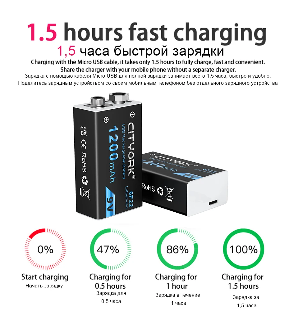 CITYORK 9V Li-ion battery 6F22 9V 1200mAh USB Rechargeable Batteries For Metal Detector Model Microphone Toy Multimeter