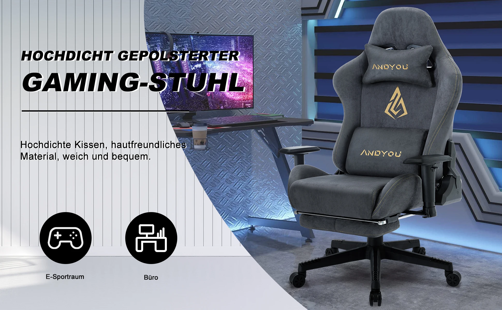 Andyou Gaming Chair, Computer Chair with Footrest, Headrest, Lumbar Support, Height Adjustable Ergonomic PC Chair