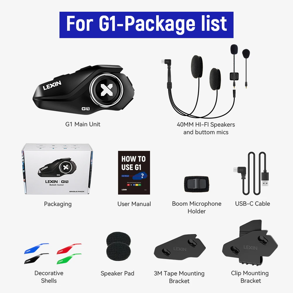 Lexin G1 Motorcycle Bluetooth Headsets for Helmet, Voice Assistance, Music, IP67 Waterproof, High Definition Speakers