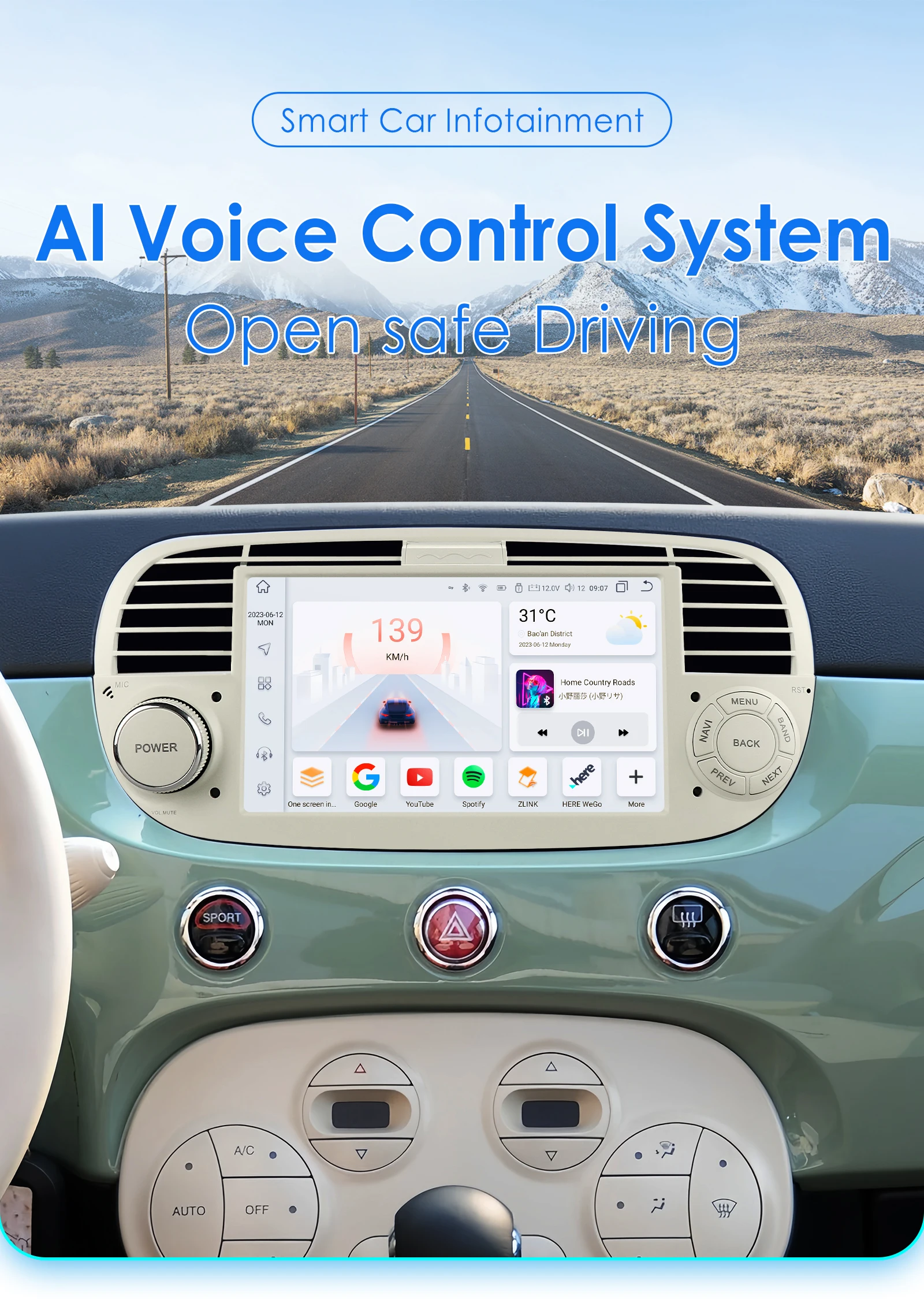 1Din Android 12 AI Voice Carplay Android Auto Radio For FIAT 500 Car Multimedia GPS 4G autoradio RDS 4G-LET SWC NO DVD