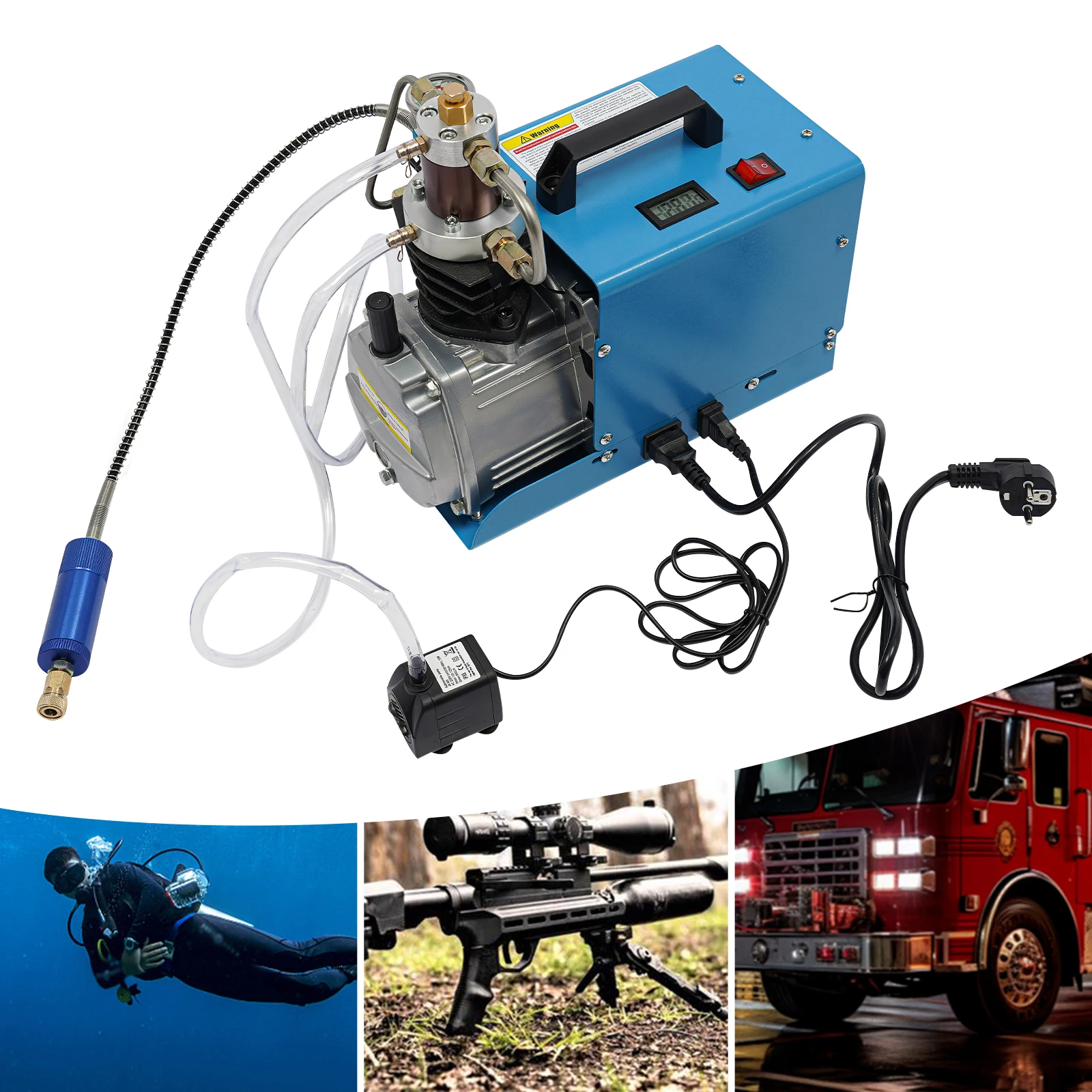 1800W 220V Portable Electric High Pressure Air Pump 0-30MPa, Water+Air Cooling Asynchronous Motor Inflator with Water-Oil Separator for Garage Workshop