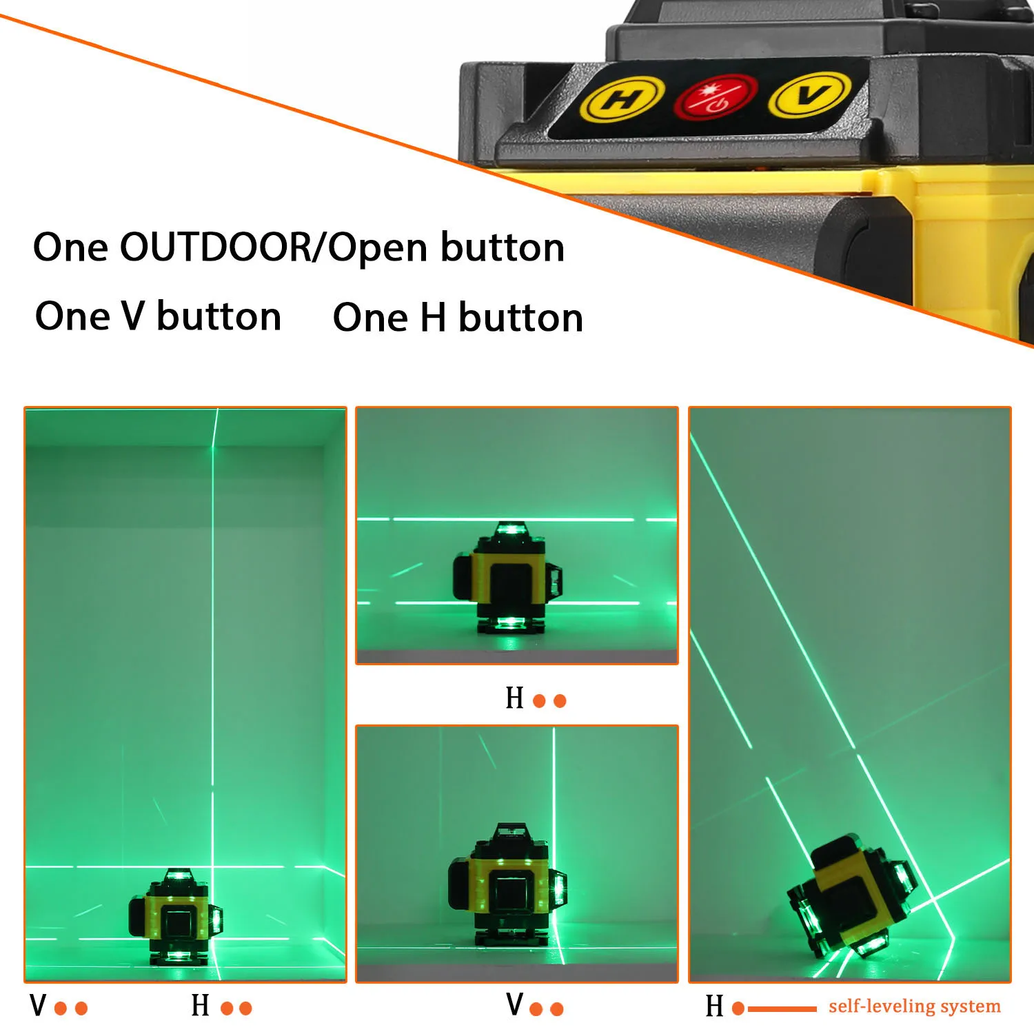 4D 16 Lines Laser Level Tool Vertical Horizontal Lines Multifunctional 3° Self-leveling With Li-ion battery Green Laser Levels