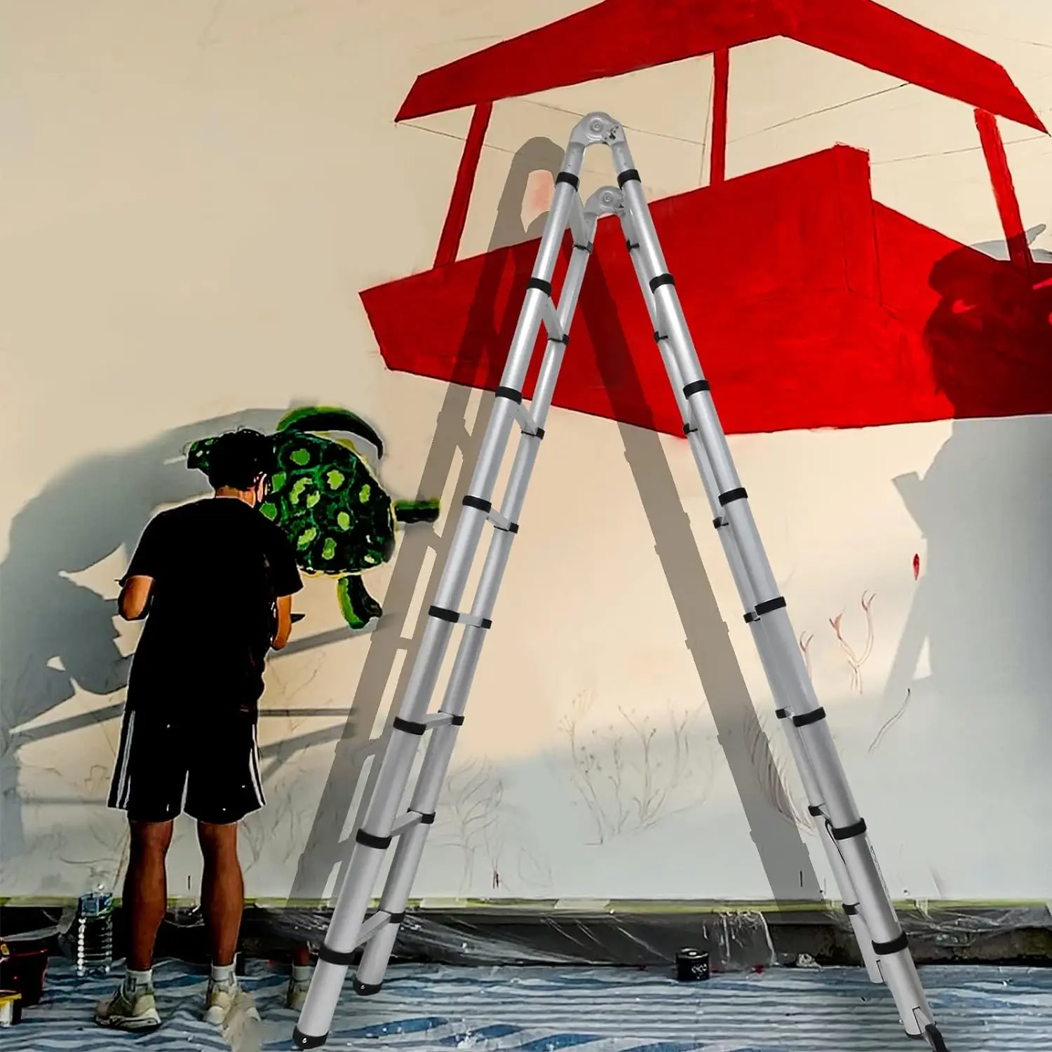 5M Telescopic Folding Ladder with Stabilizer Bar, Extension Ladder A-Frame Multi-Purpose Folding Ladder 330lb Capacity