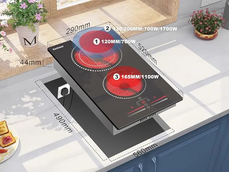 Karinear Ceramic Hob 2 Zones, Built-In Glass Ceramic Hob 2 Burners, Cerami with Plug, Touch Control, Double Ring Cooking Zone