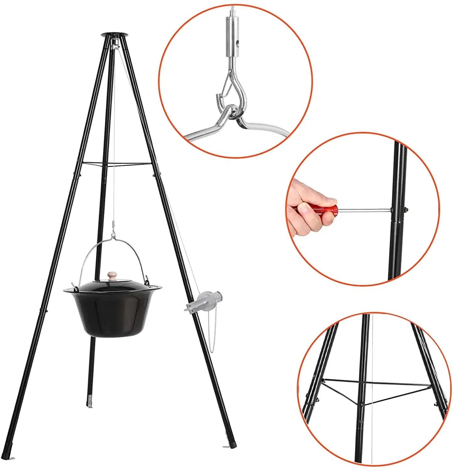 Hungarian Goulash Kettle, 10 Litres, Enamelled,151cm Telescopic Tripod Frame,Chain Height Adjustment, Soup Pot with Lid, Goulash