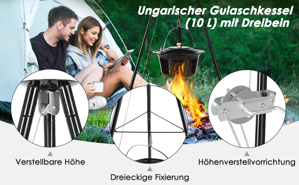 Hungarian Goulash Kettle, 10 Litres, Enamelled,151cm Telescopic Tripod Frame,Chain Height Adjustment, Soup Pot with Lid, Goulash