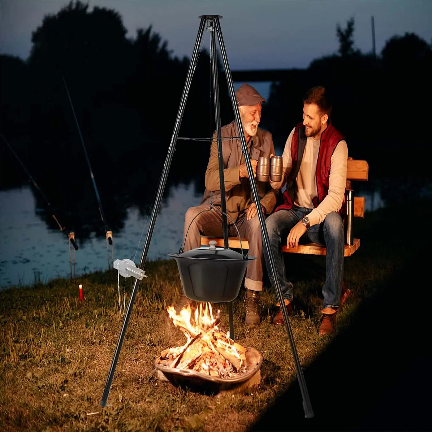 Hungarian Goulash Kettle, 10 Litres, Enamelled,151cm Telescopic Tripod Frame,Chain Height Adjustment, Soup Pot with Lid, Goulash