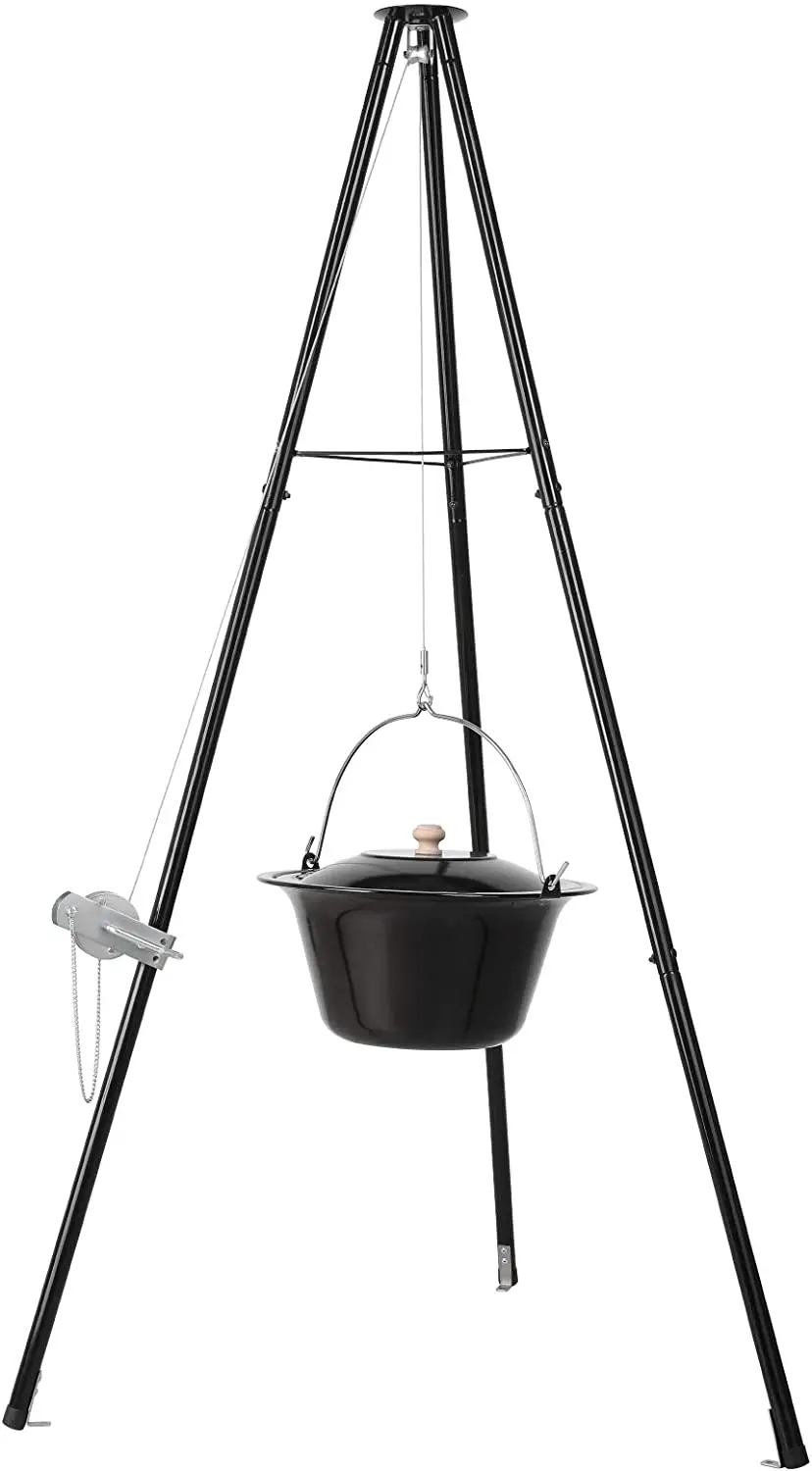 Hungarian Goulash Kettle, 10 Litres, Enamelled,151cm Telescopic Tripod Frame,Chain Height Adjustment, Soup Pot with Lid, Goulash