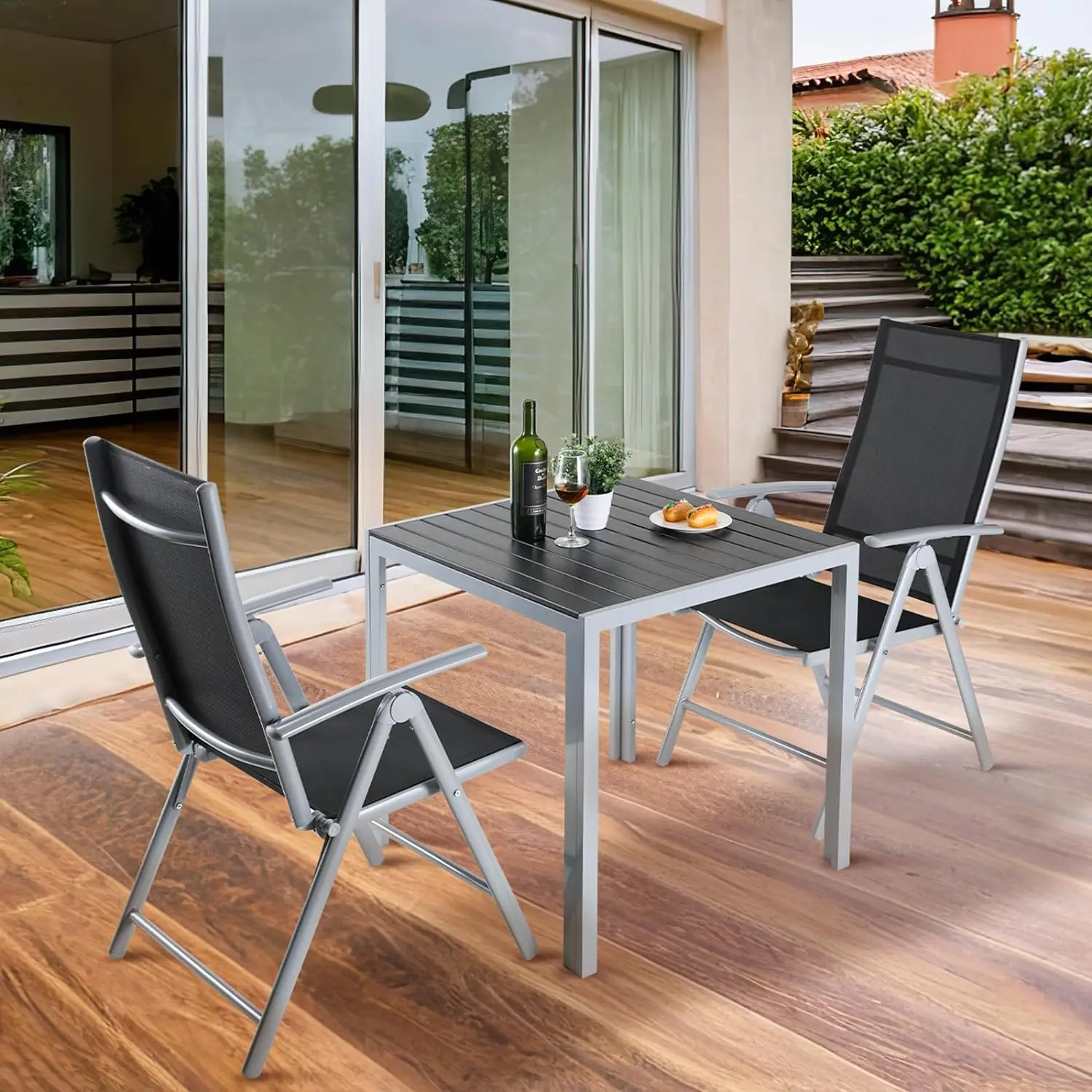 3Pcs Patio Dining Set, Outdoor Table and Chair Set Garden Backyard Poolside Deck with 2 Textilene Chairs,Adjustable Folding Back