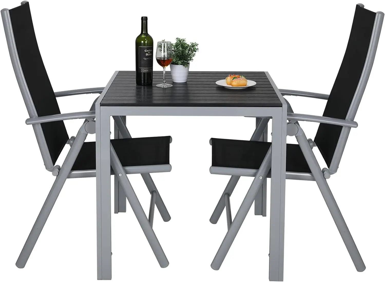 3Pcs Patio Dining Set, Outdoor Table and Chair Set Garden Backyard Poolside Deck with 2 Textilene Chairs,Adjustable Folding Back