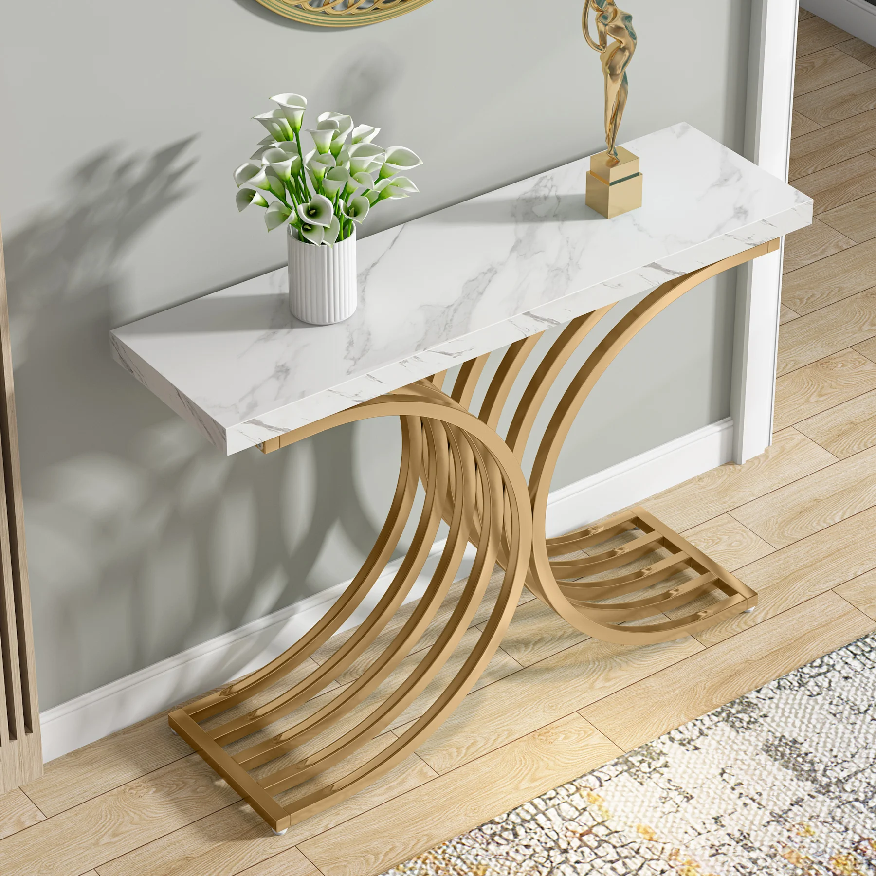 Tribesigns Gold Entryway Table, Modern 39-Inch Console Faux Marble Narrow Wood Sofa with Geometric Metal Legs