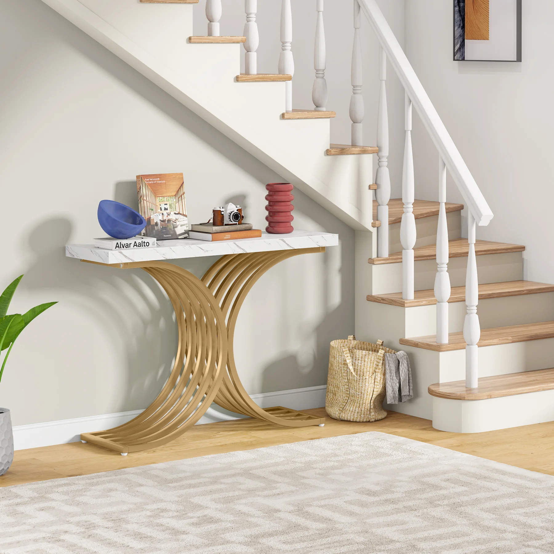 Tribesigns Gold Entryway Table, Modern 39-Inch Console Faux Marble Narrow Wood Sofa with Geometric Metal Legs