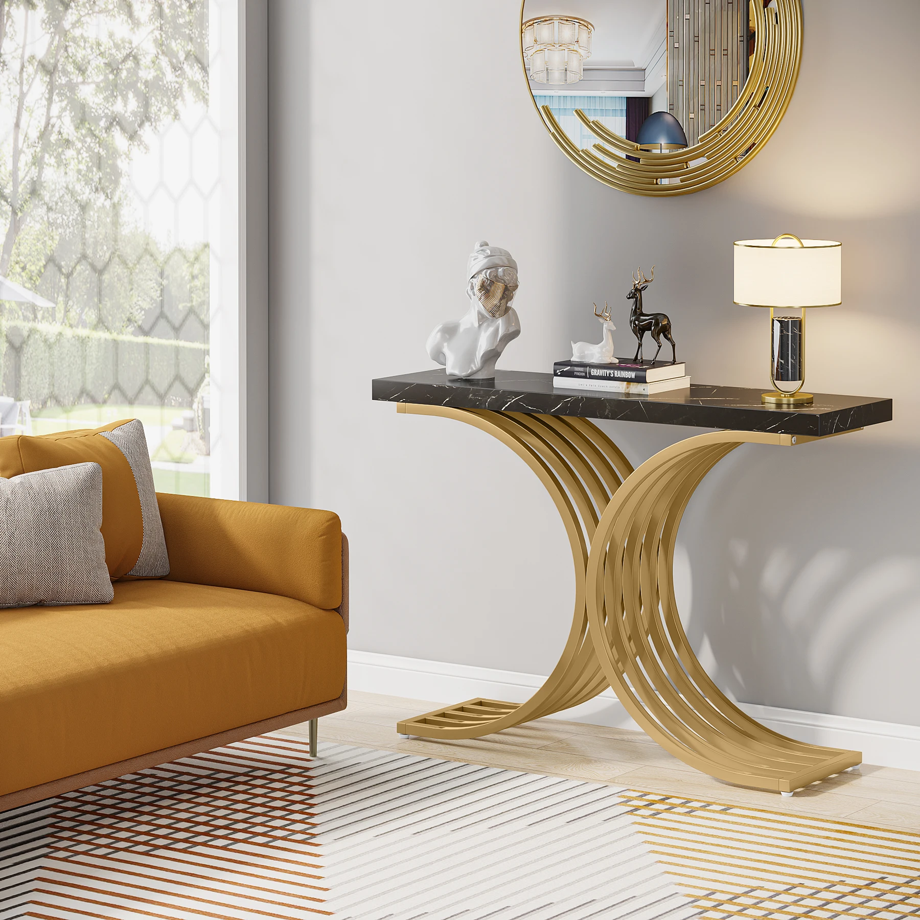 Tribesigns Gold Entryway Table, Modern 39-Inch Console Faux Marble Narrow Wood Sofa with Geometric Metal Legs