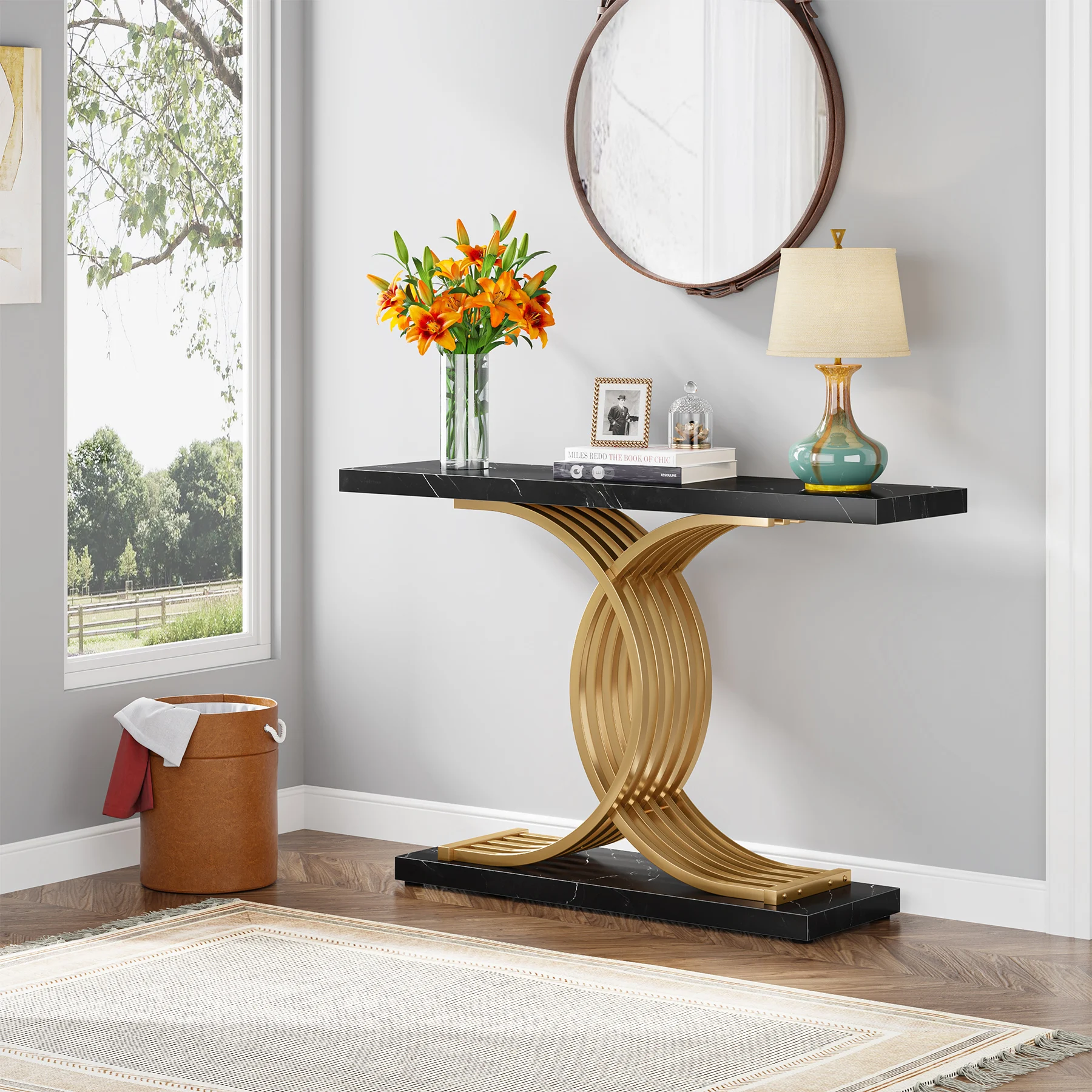 Tribesigns Gold Entryway Table, Modern 39-Inch Console Faux Marble Narrow Wood Sofa with Geometric Metal Legs