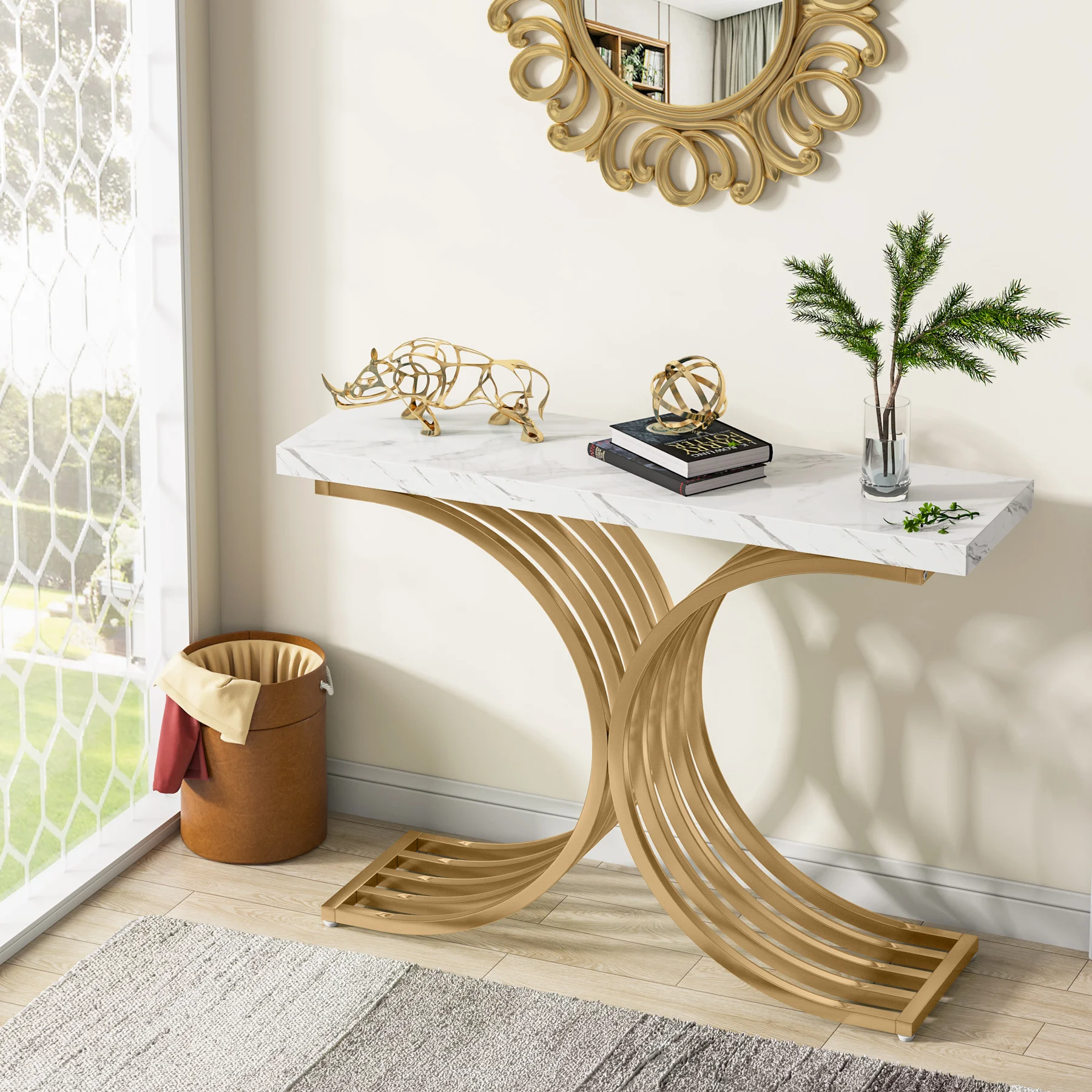 Tribesigns Gold Entryway Table, Modern 39-Inch Console Faux Marble Narrow Wood Sofa with Geometric Metal Legs